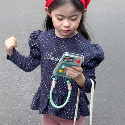 長袖Tシャツ レターロゴ無地/ドット長袖パフスリーブTシャツ【mh0010586】