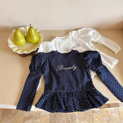 長袖Tシャツ レターロゴ無地/ドット長袖パフスリーブTシャツ【mh0010586】