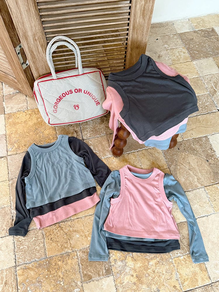 長袖Tシャツ フェイクスリーピースコントラストカラー長袖Tシャツ【mh0010589】