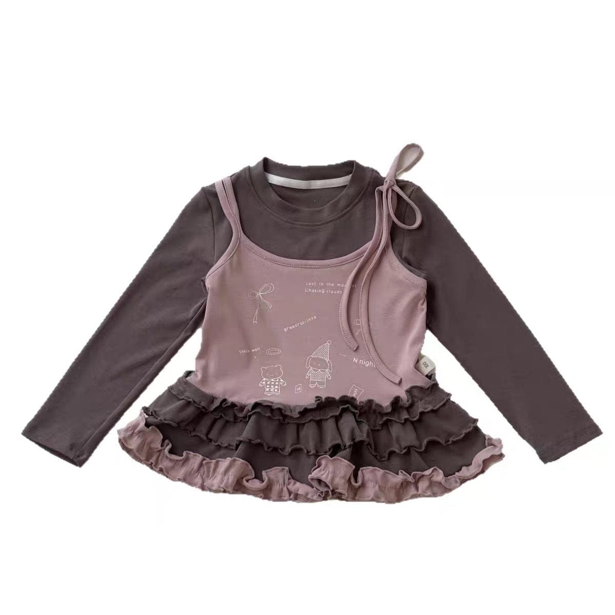 長袖Tシャツ フェイクレイヤードフリルキャミソールドッキング長袖Tシャツ【mh0011024】