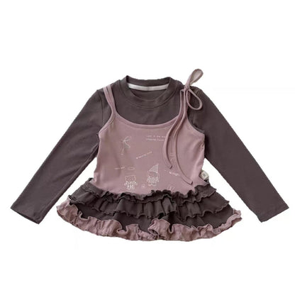 長袖Tシャツ フェイクレイヤードフリルキャミソールドッキング長袖Tシャツ【mh0011024】