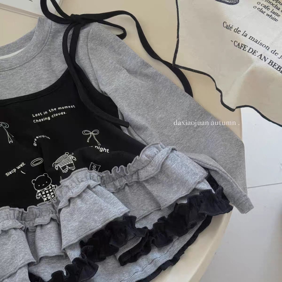 長袖Tシャツ フェイクレイヤードフリルキャミソールドッキング長袖Tシャツ【mh0011024】