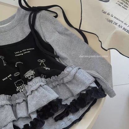 長袖Tシャツ フェイクレイヤードフリルキャミソールドッキング長袖Tシャツ【mh0011024】