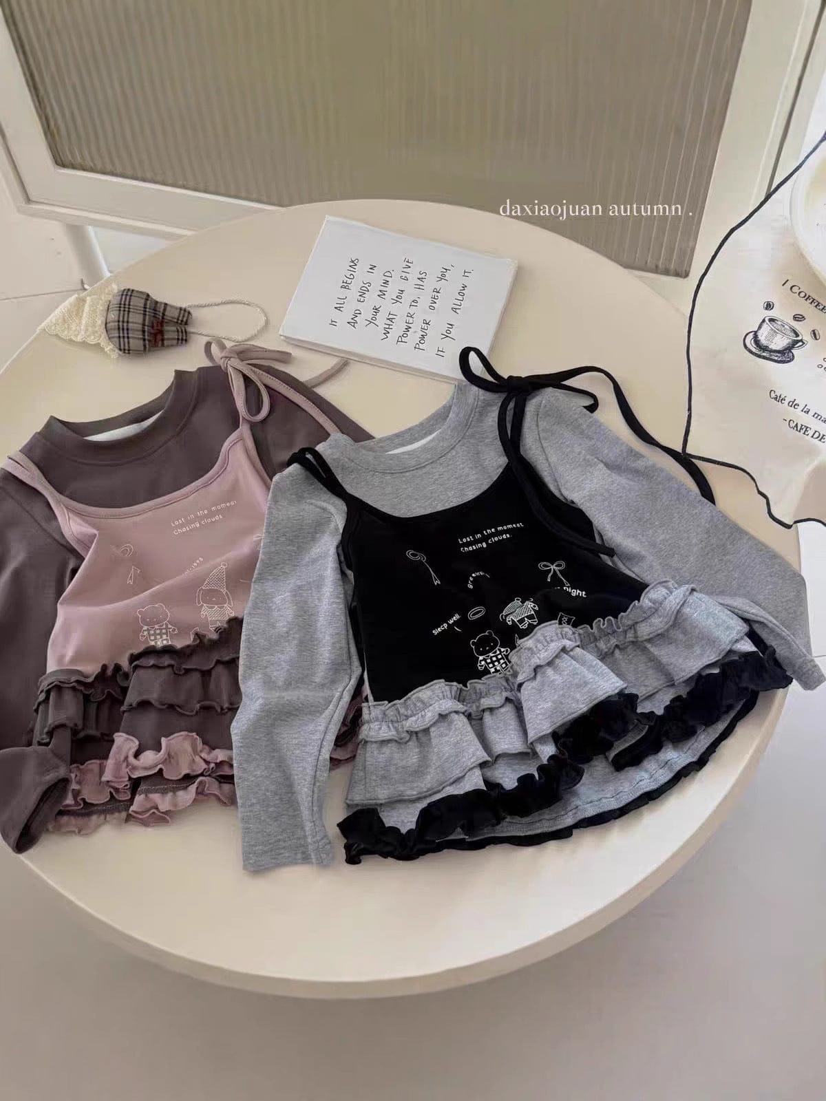 長袖Tシャツ フェイクレイヤードフリルキャミソールドッキング長袖Tシャツ【mh0011024】