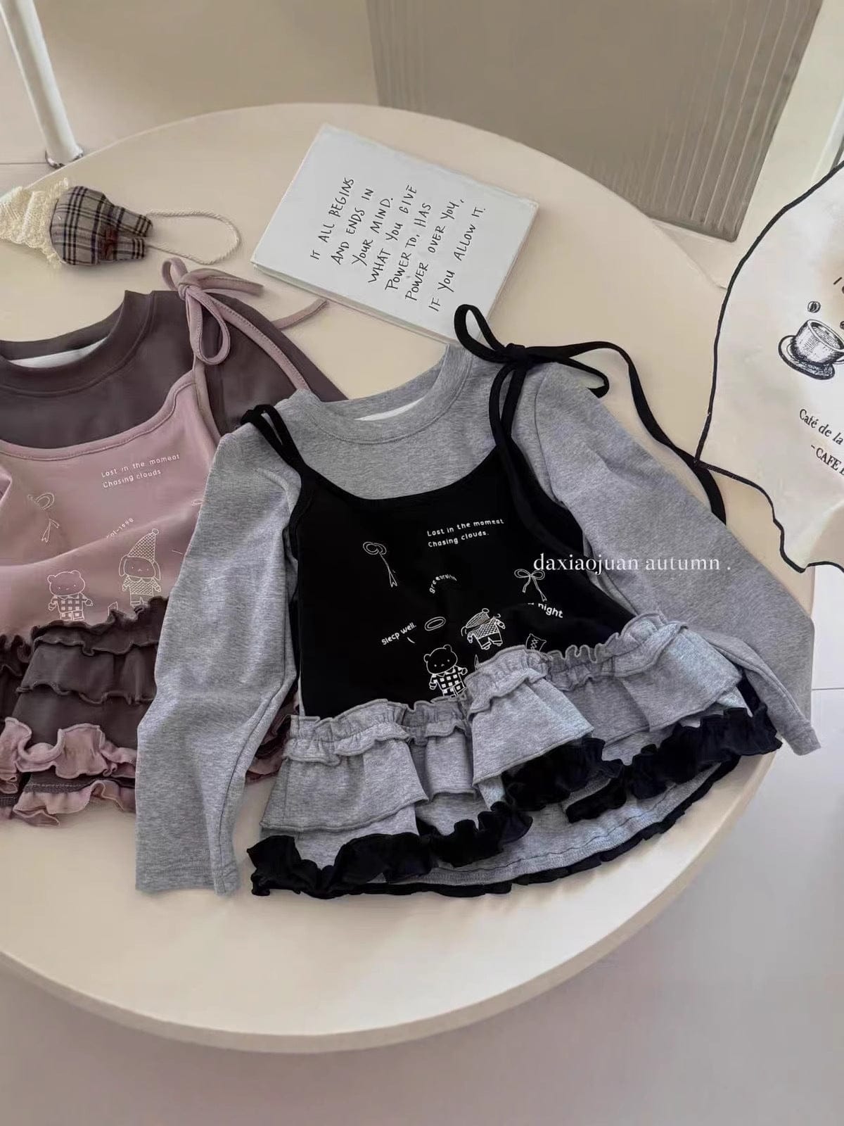 長袖Tシャツ フェイクレイヤードフリルキャミソールドッキング長袖Tシャツ【mh0011024】