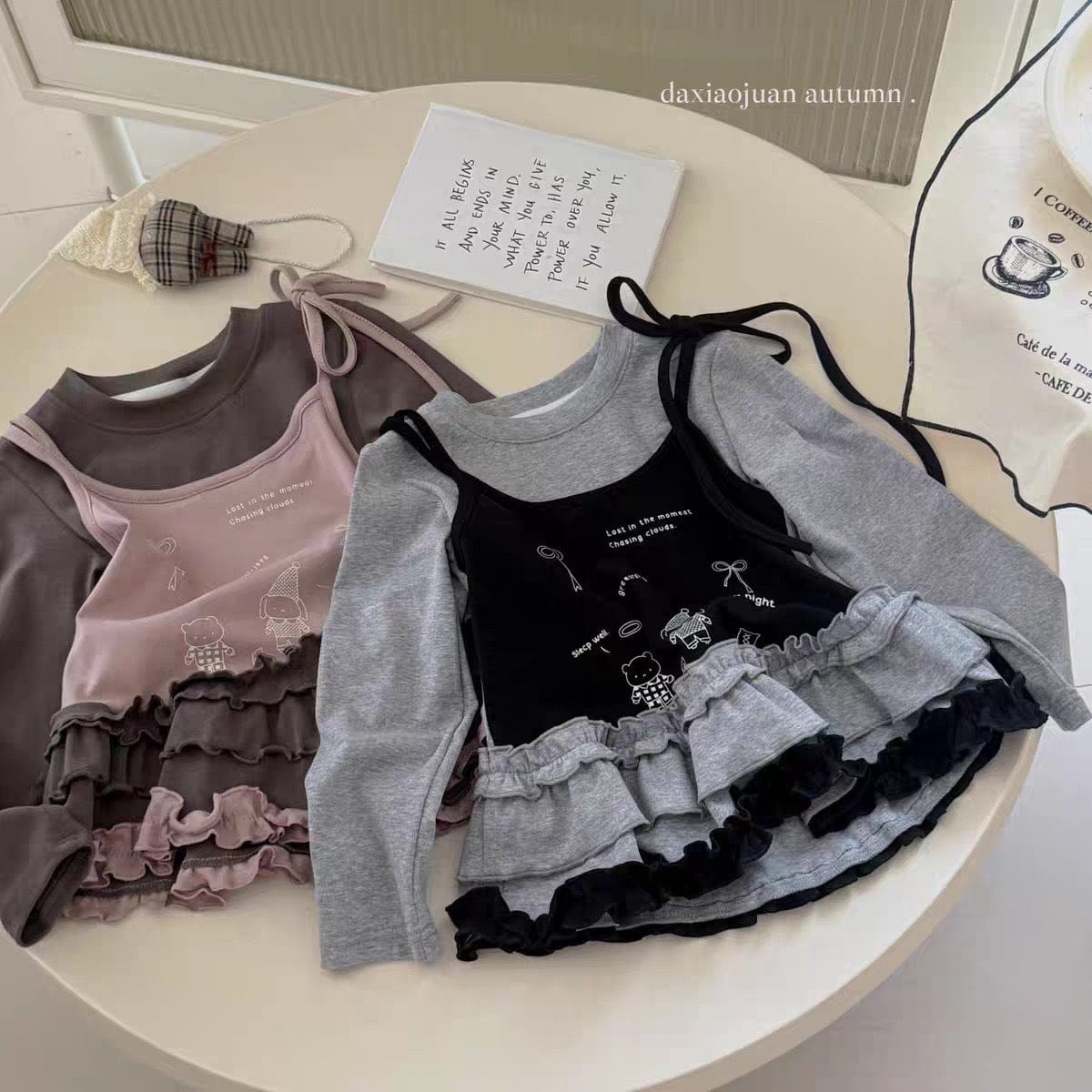 長袖Tシャツ フェイクレイヤードフリルキャミソールドッキング長袖Tシャツ【mh0011024】