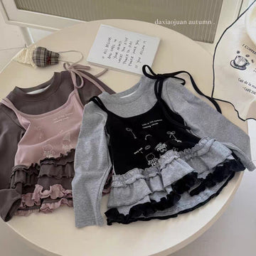 長袖Tシャツ フェイクレイヤードフリルキャミソールドッキング長袖Tシャツ【mh0011024】