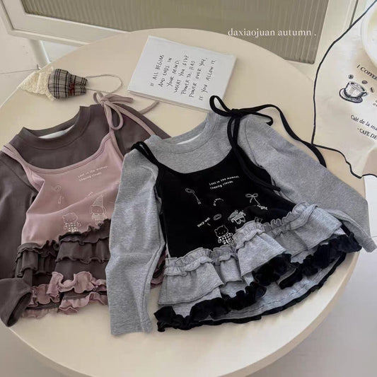 長袖Tシャツ フェイクレイヤードフリルキャミソールドッキング長袖Tシャツ【mh0011024】