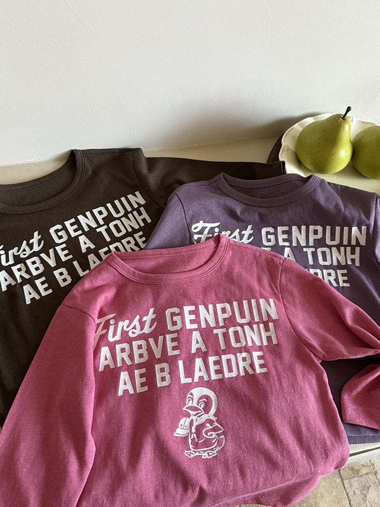 長袖Tシャツ ペンギン柄プリントTシャツ ロゴ入り長袖トップス【mh0011055】