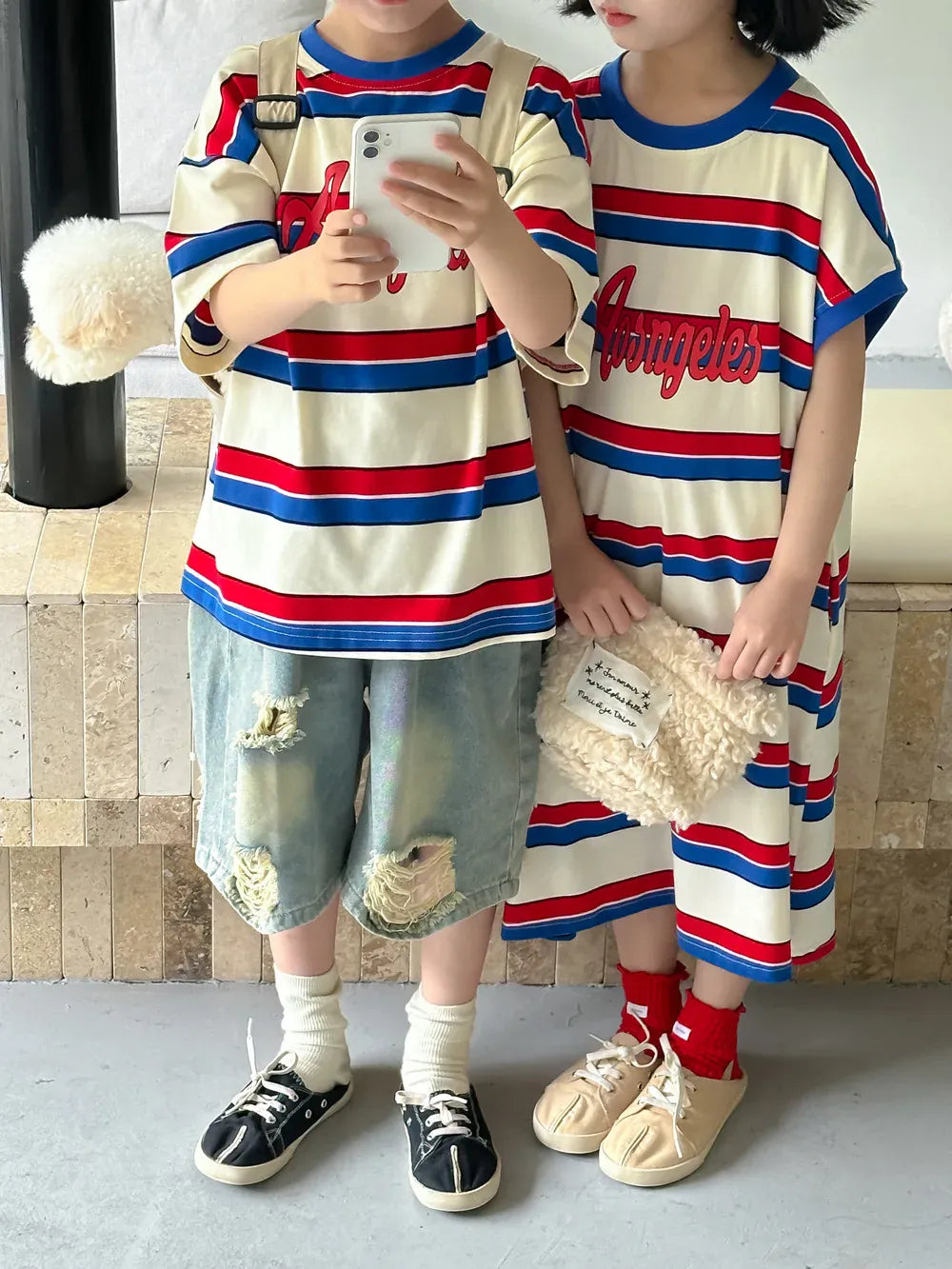 半袖Tシャツ キッズトップス/ワンピース ボーイズ半袖Tシャツ/ガールズTシャツワンピース ボーダー リンクコーデ 兄弟姉妹 お揃いコーデ