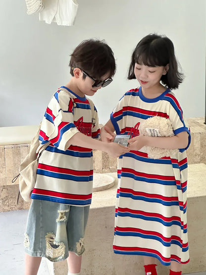 半袖Tシャツ キッズトップス/ワンピース ボーイズ半袖Tシャツ/ガールズTシャツワンピース ボーダー リンクコーデ 兄弟姉妹 お揃いコーデ