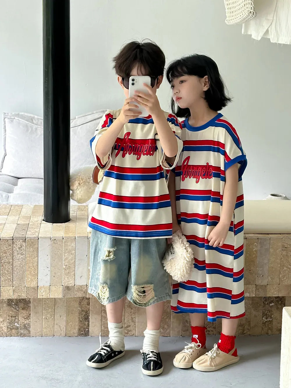 半袖Tシャツ キッズトップス/ワンピース ボーイズ半袖Tシャツ/ガールズTシャツワンピース ボーダー リンクコーデ 兄弟姉妹 お揃いコーデ