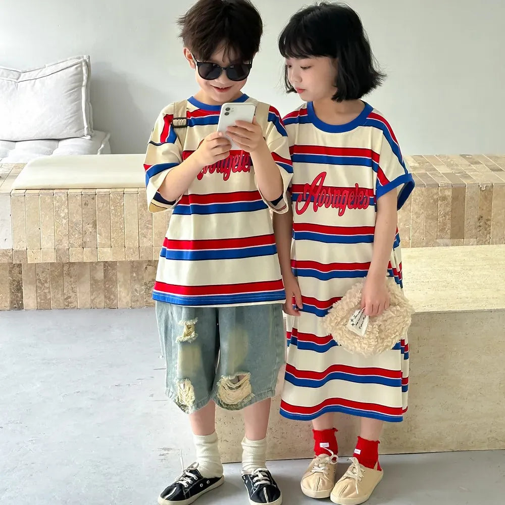 半袖Tシャツ キッズトップス/ワンピース ボーイズ半袖Tシャツ/ガールズTシャツワンピース ボーダー リンクコーデ 兄弟姉妹 お揃いコーデ