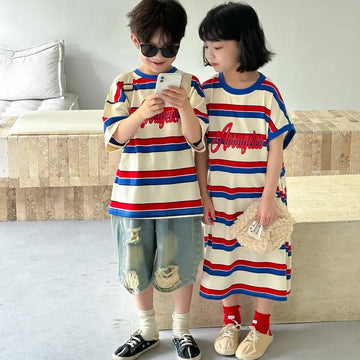 半袖Tシャツ キッズトップス/ワンピース ボーイズ半袖Tシャツ/ガールズTシャツワンピース ボーダー リンクコーデ 兄弟姉妹 お揃いコーデ