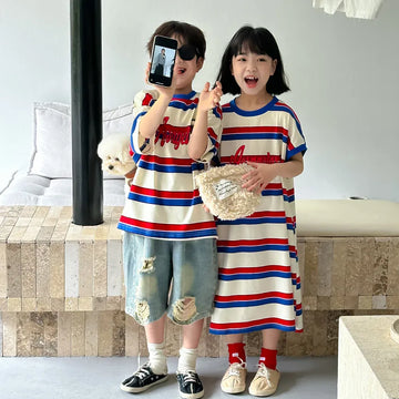半袖Tシャツ キッズトップス/ワンピース ボーイズ半袖Tシャツ/ガールズTシャツワンピース ボーダー リンクコーデ 兄弟姉妹 お揃いコーデ