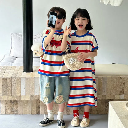 半袖Tシャツ キッズトップス/ワンピース ボーイズ半袖Tシャツ/ガールズTシャツワンピース ボーダー リンクコーデ 兄弟姉妹 お揃いコーデ