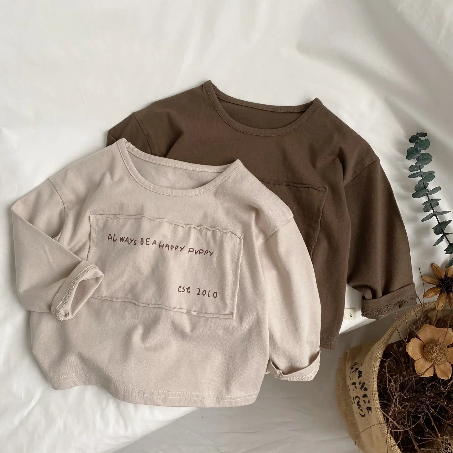 長袖Tシャツ キッズトップス 長袖Tシャツ ロンT レターロゴプリントパッチ ベージュ/コーヒー/2カラー