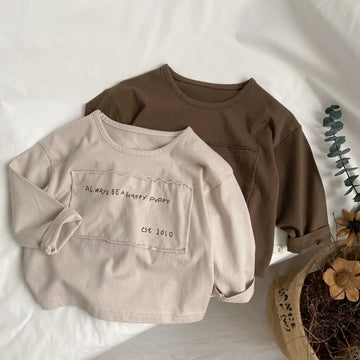 長袖Tシャツ キッズトップス 長袖Tシャツ ロンT レターロゴプリントパッチ ベージュ/コーヒー/2カラー