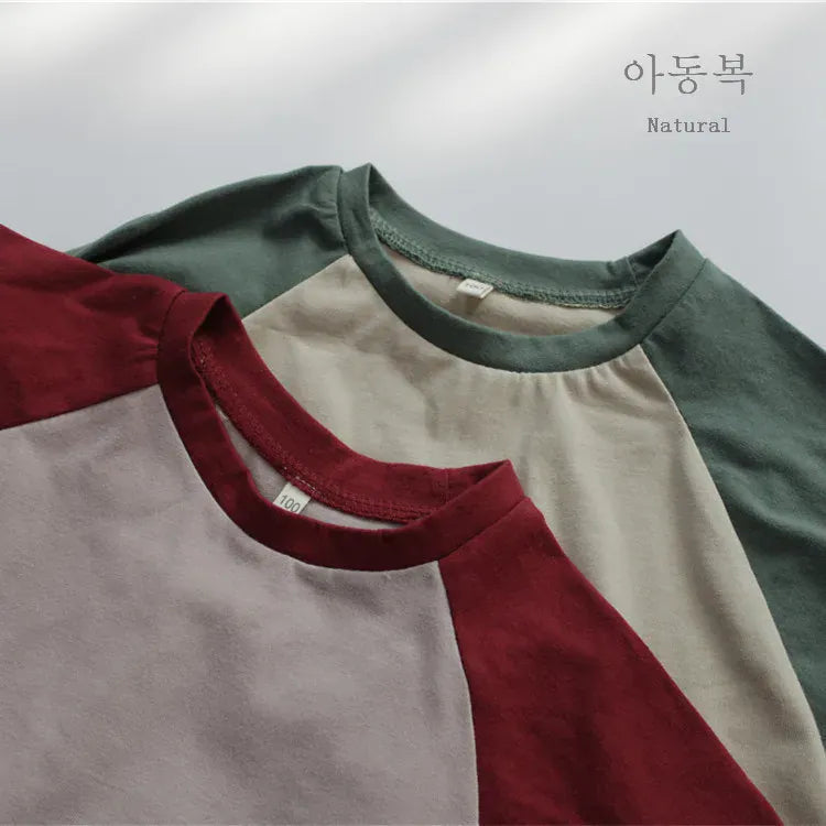 長袖Tシャツ キッズトップス 長袖Tシャツ ラグランTシャツ パッチワーク レッド グリーン 2カラー