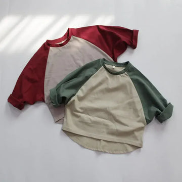 長袖Tシャツ キッズトップス 長袖Tシャツ ラグランTシャツ パッチワーク レッド グリーン 2カラー