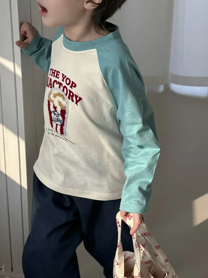 長袖Tシャツ キッズトップス 長袖Tシャツ ロンT ラグランパッチワーク ポップコーンケーキバナナ刺繍 4カラー