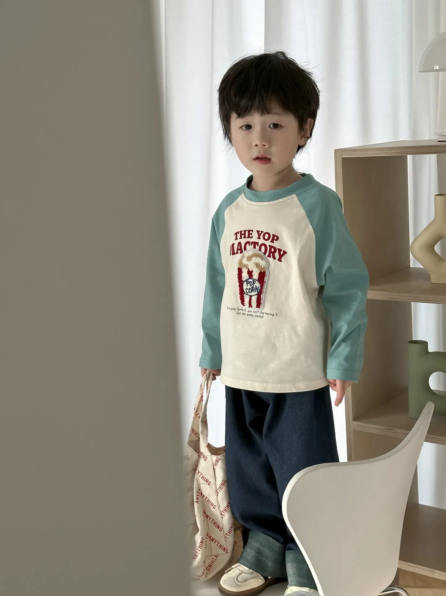 長袖Tシャツ キッズトップス 長袖Tシャツ ロンT ラグランパッチワーク ポップコーンケーキバナナ刺繍 4カラー