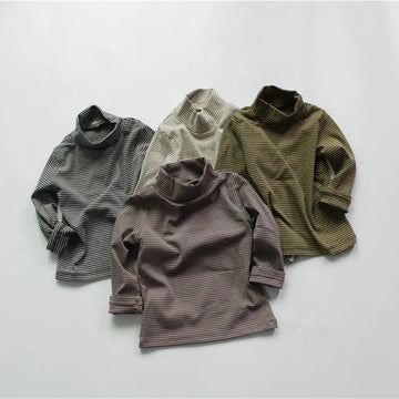 長袖Tシャツ キッズ長袖Tシャツ ボーダー ハイネックTシャツ トップス 4カラー ユニセックス 男の子 女の子 子供服