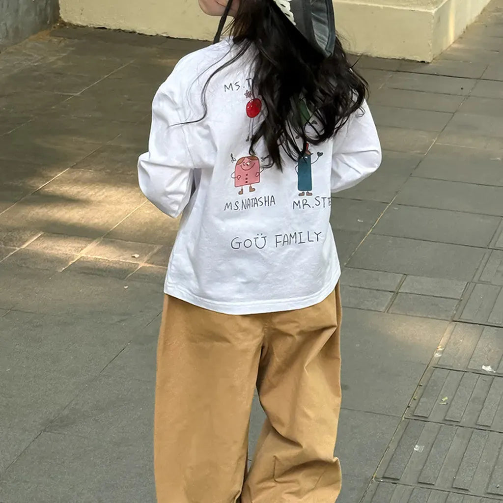 長袖Tシャツ 落書き風キャラクターTシャツ ロゴ入りバックプリント長袖Tシャツ【mh0011065】