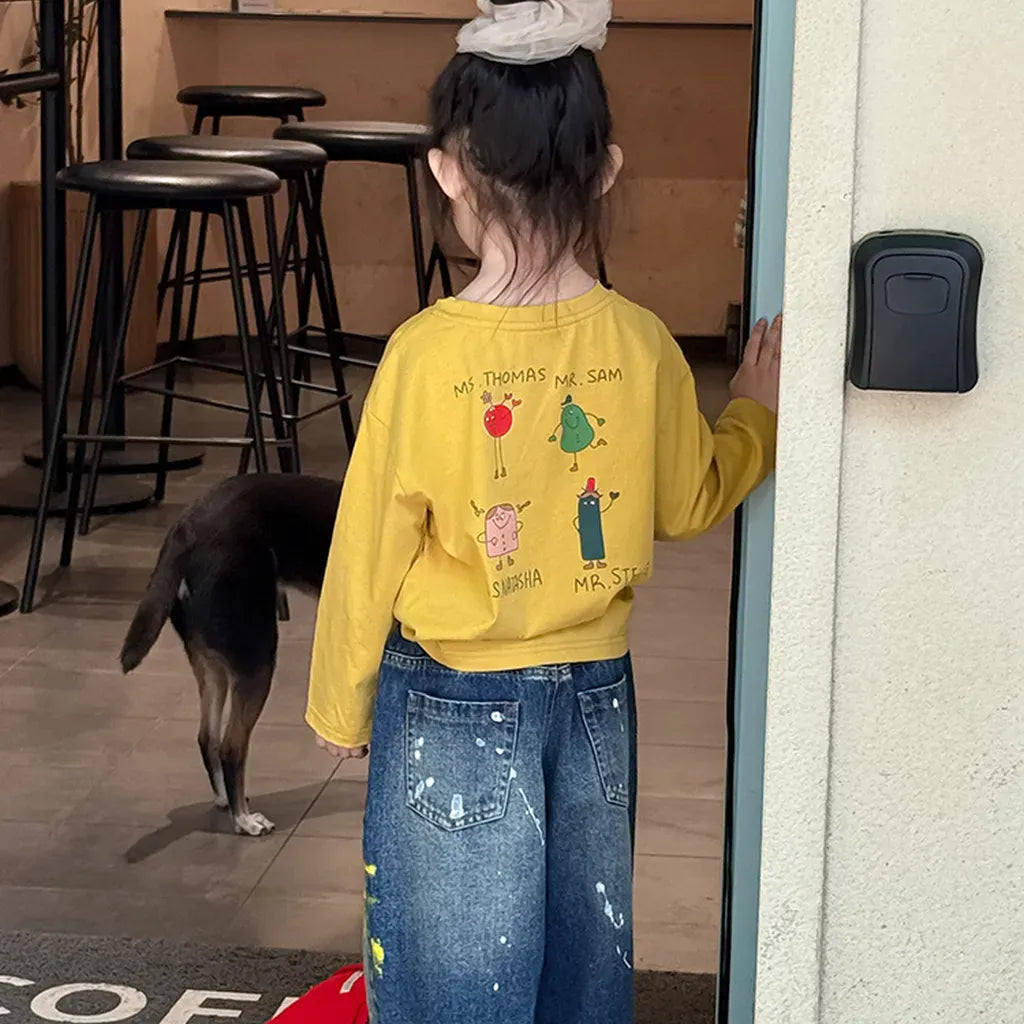 長袖Tシャツ 落書き風キャラクターTシャツ ロゴ入りバックプリント長袖Tシャツ【mh0011065】