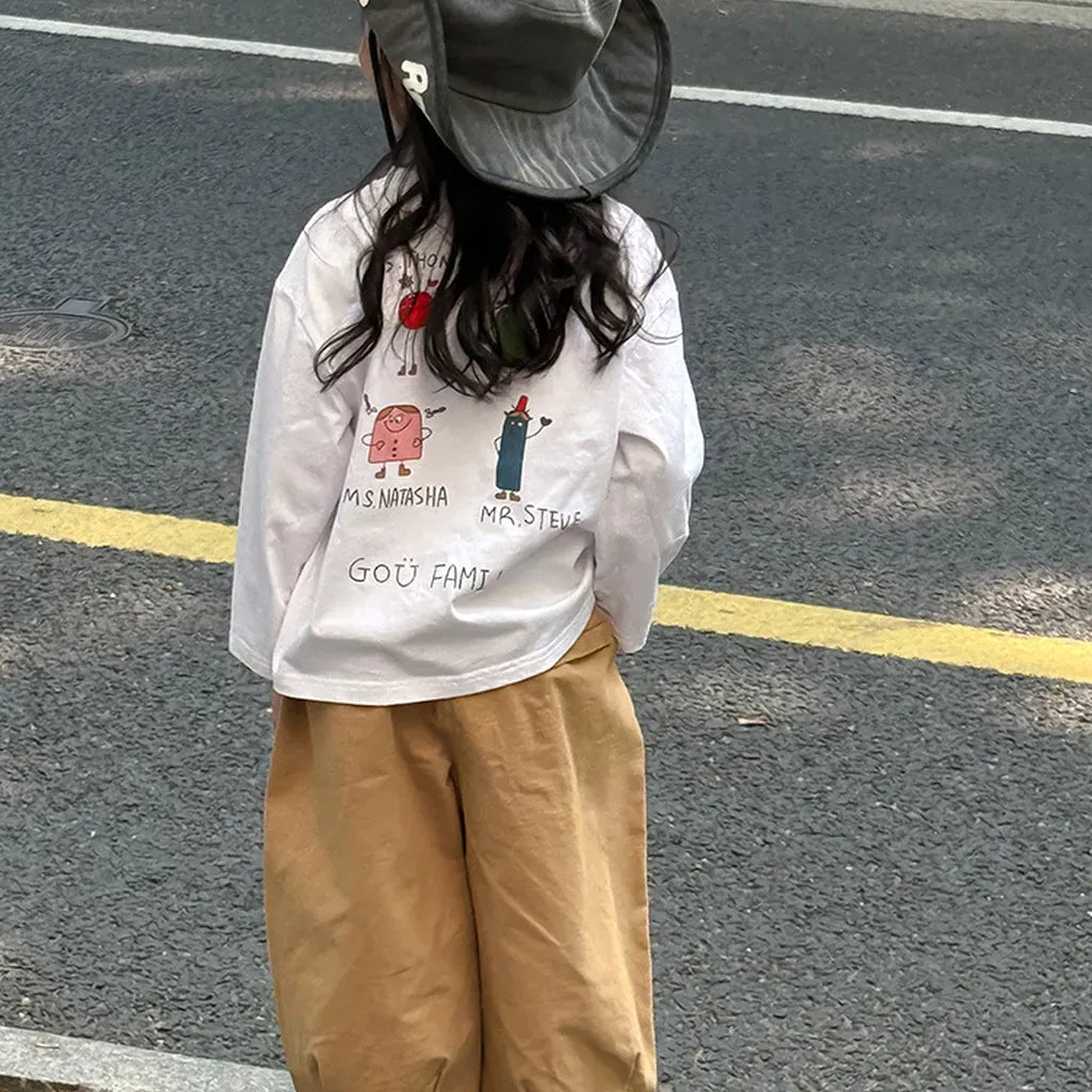 長袖Tシャツ 落書き風キャラクターTシャツ ロゴ入りバックプリント長袖Tシャツ【mh0011065】