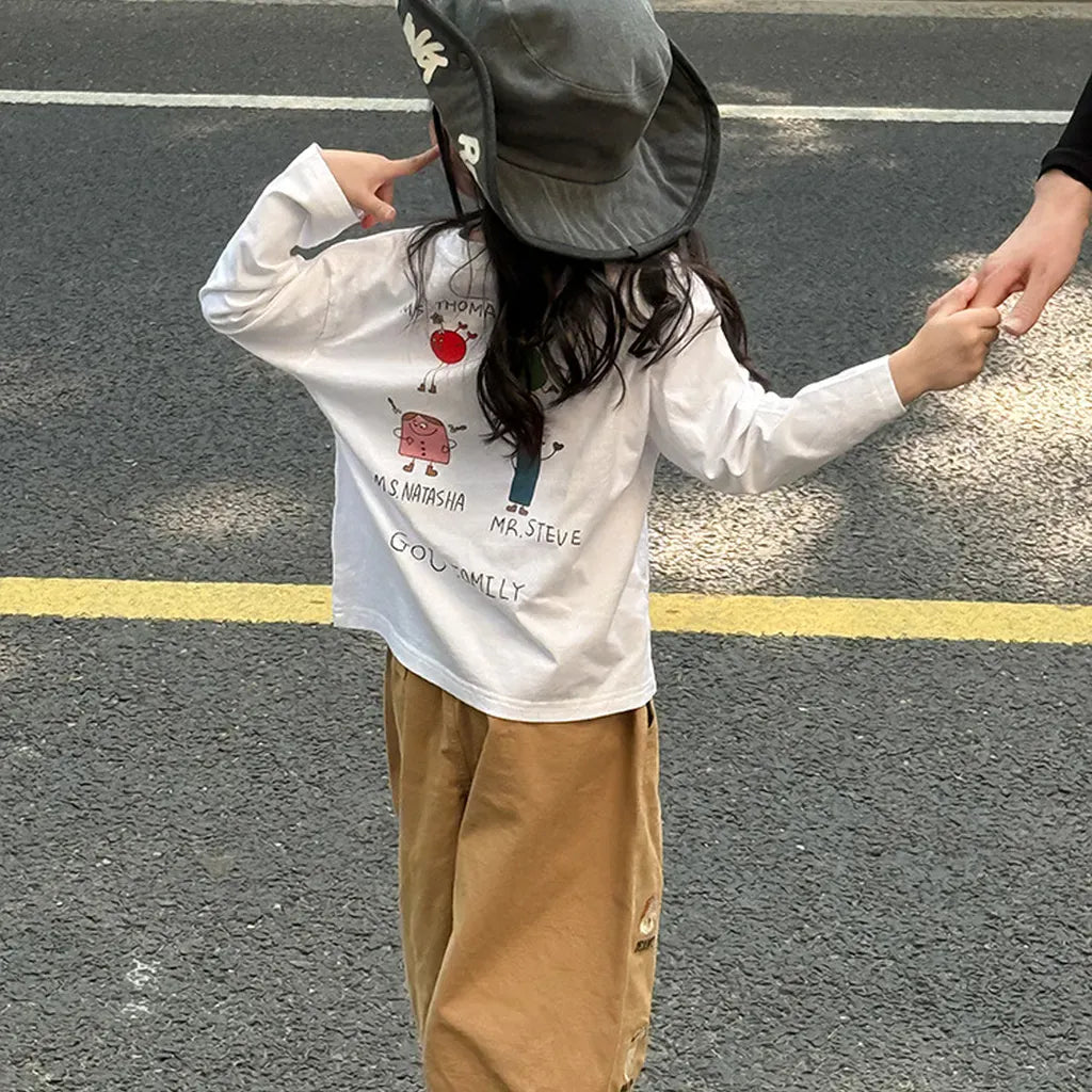 長袖Tシャツ 落書き風キャラクターTシャツ ロゴ入りバックプリント長袖Tシャツ【mh0011065】