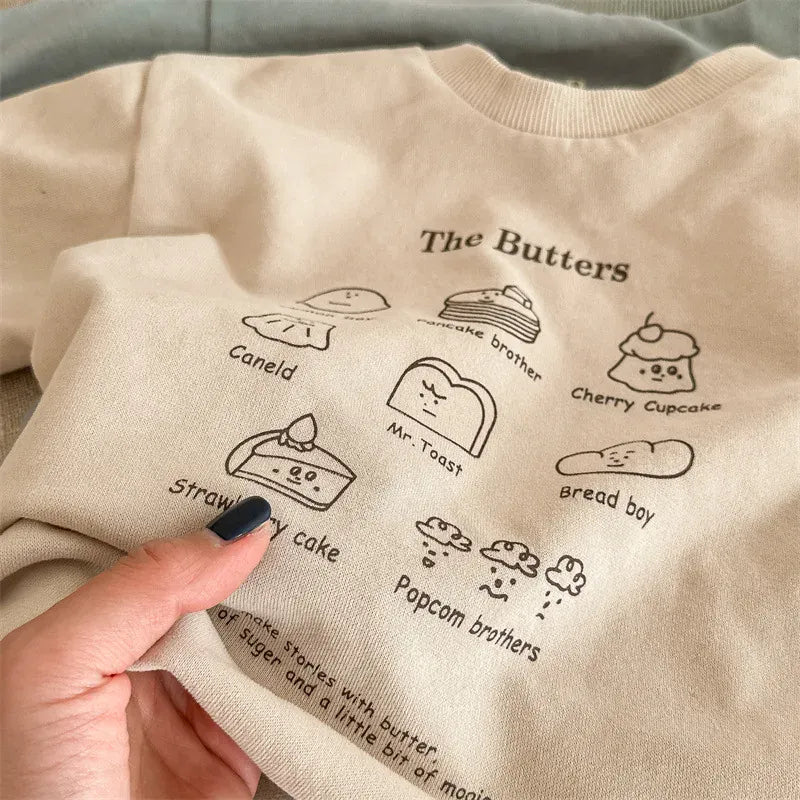 長袖Tシャツ キッズトップス 長袖スウェットシャツ The Butters プリント柄 ブルー/アプリコット/2カラー
