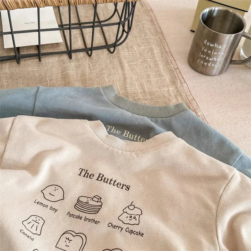 長袖Tシャツ キッズトップス 長袖スウェットシャツ The Butters プリント柄 ブルー/アプリコット/2カラー