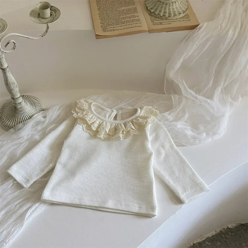長袖Tシャツ White / 66cm 0-6m ベビートップス ボリュームレースラッフル襟長袖カットソーTシャツ 2カラー【mh0007390】