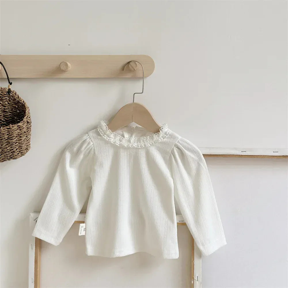 長袖Tシャツ White / 6M  66CM ベビートップス レースフリル長袖パフスリーブTシャツ 2カラー【mh0007204】
