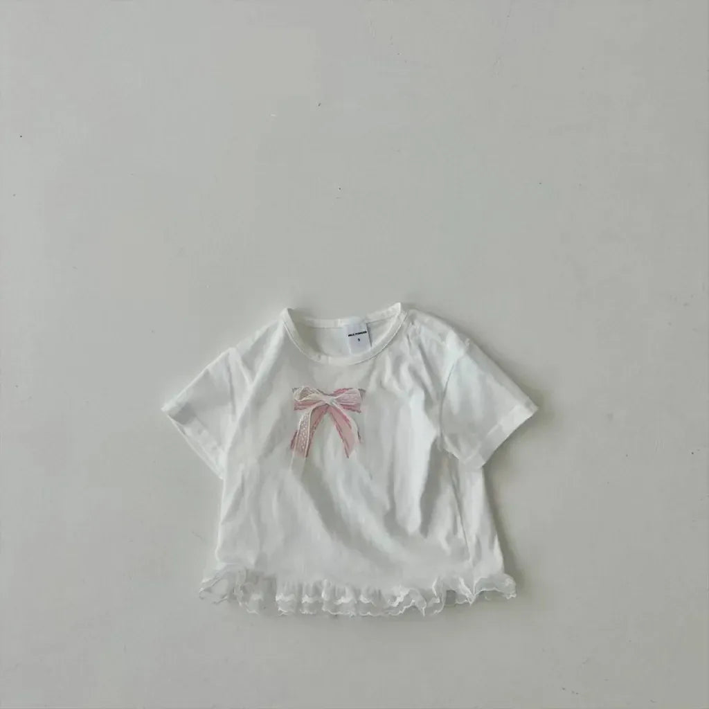 半袖Tシャツ White / 73cm 6-9M ベビーキッズトップス 裾レースフリル半袖Tシャツ リボンプリント 2カラー【mh0005349】