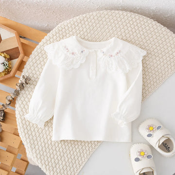 長袖Tシャツ White / 73cm 6-9M キッズトップス レースフラワー刺繍襟長袖Tシャツブラウス ホワイト【mh0007223】