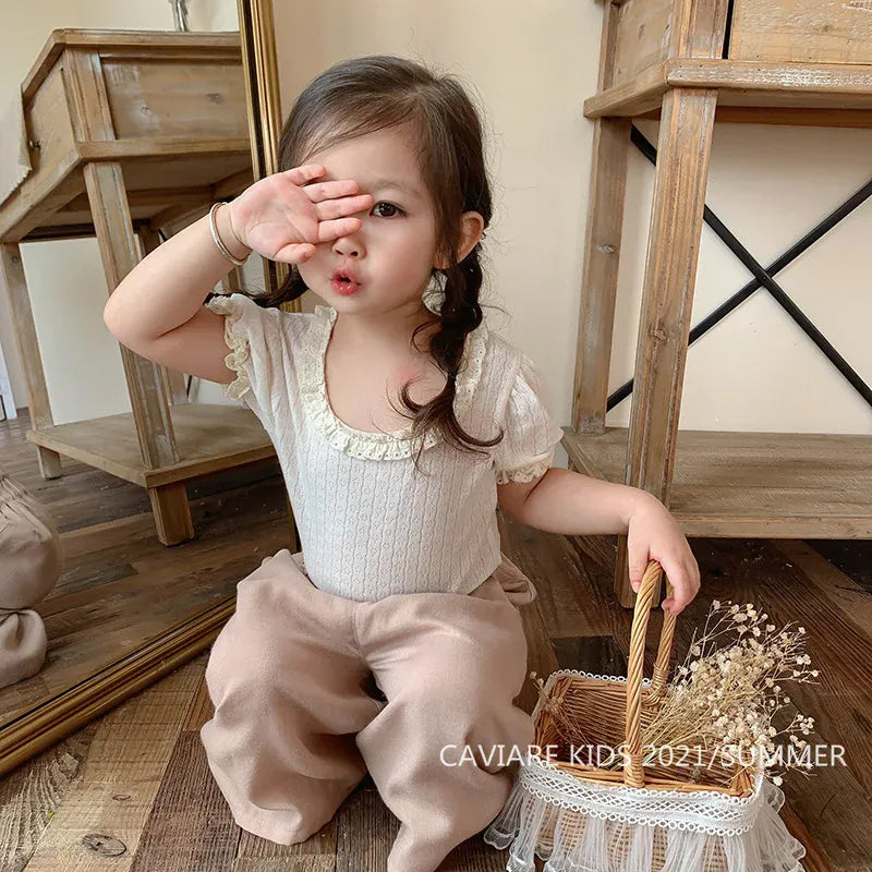 半袖Tシャツ White / 80cm キッズトップス 半袖パフスリーブTシャツ フリルレース 5カラー【mh0006244】