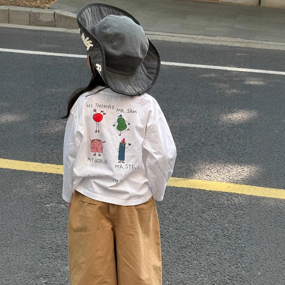 長袖Tシャツ White / 90cm 落書き風キャラクターTシャツ ロゴ入りバックプリント長袖Tシャツ【mh0011065】