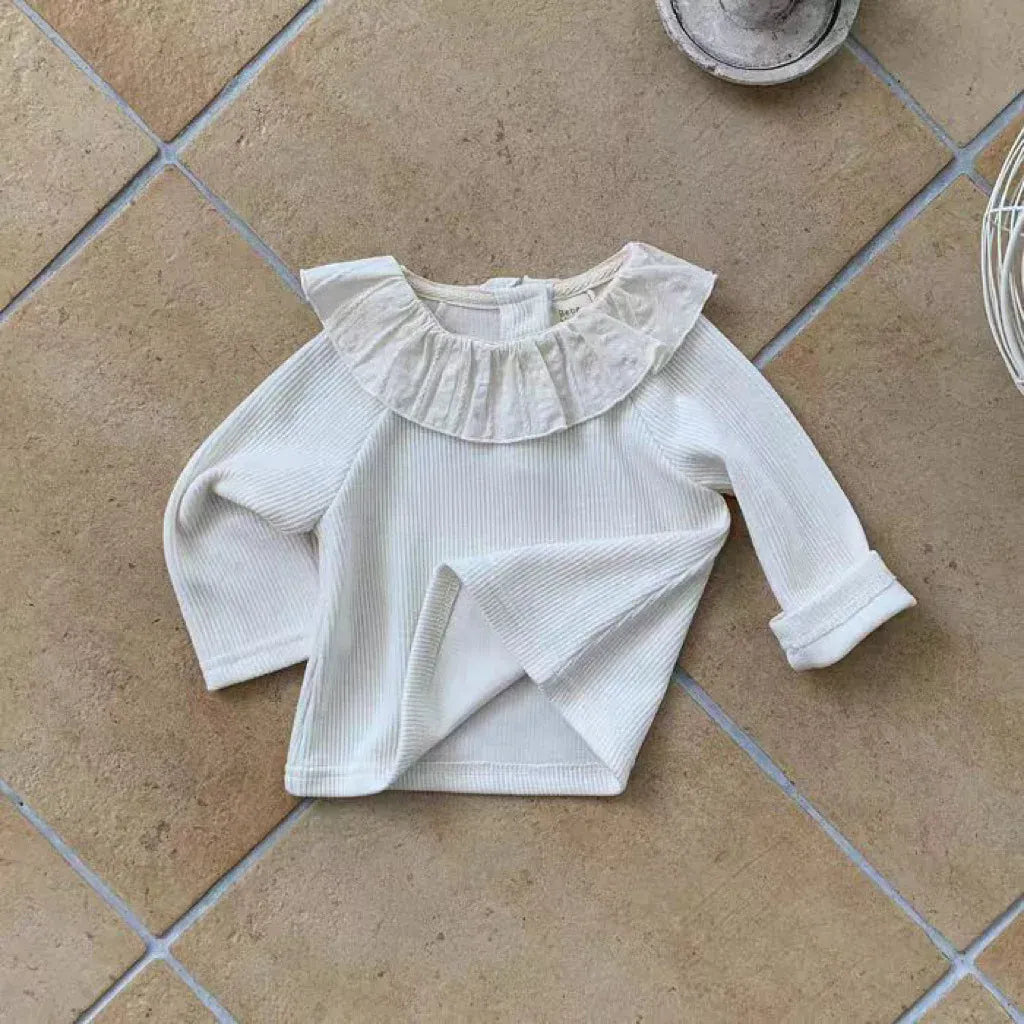 長袖Tシャツ White / 9M  73CM ベビートップス レースラッフル襟長袖Tシャツ 2カラー【mh0007210】