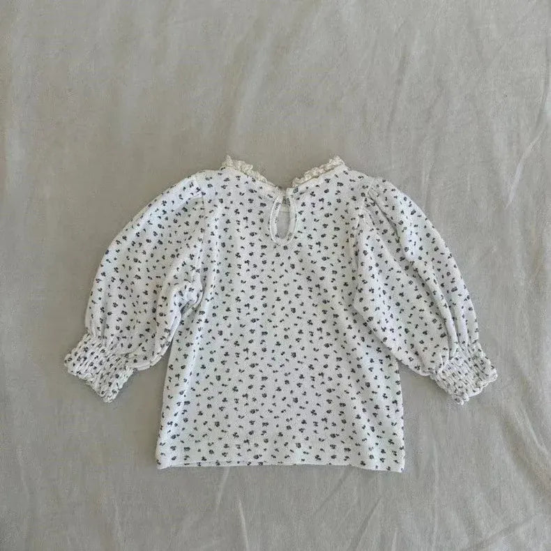 長袖Tシャツ White / 9M  73CM ベビートップス フラワー小花柄プリントレース長袖パフスリーブTシャツ【mh0008724】