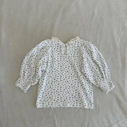 長袖Tシャツ White / 9M  73CM ベビートップス フラワー小花柄プリントレース長袖パフスリーブTシャツ【mh0008724】