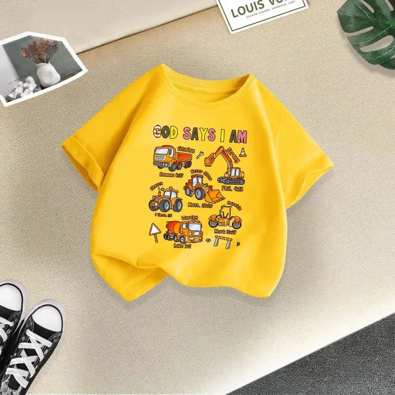 半袖Tシャツ Yellow / 100cm キッズジュニアトップス 半袖プリントTシャツ 乗り物トラックショベルカー 7カラー【mh0005782】