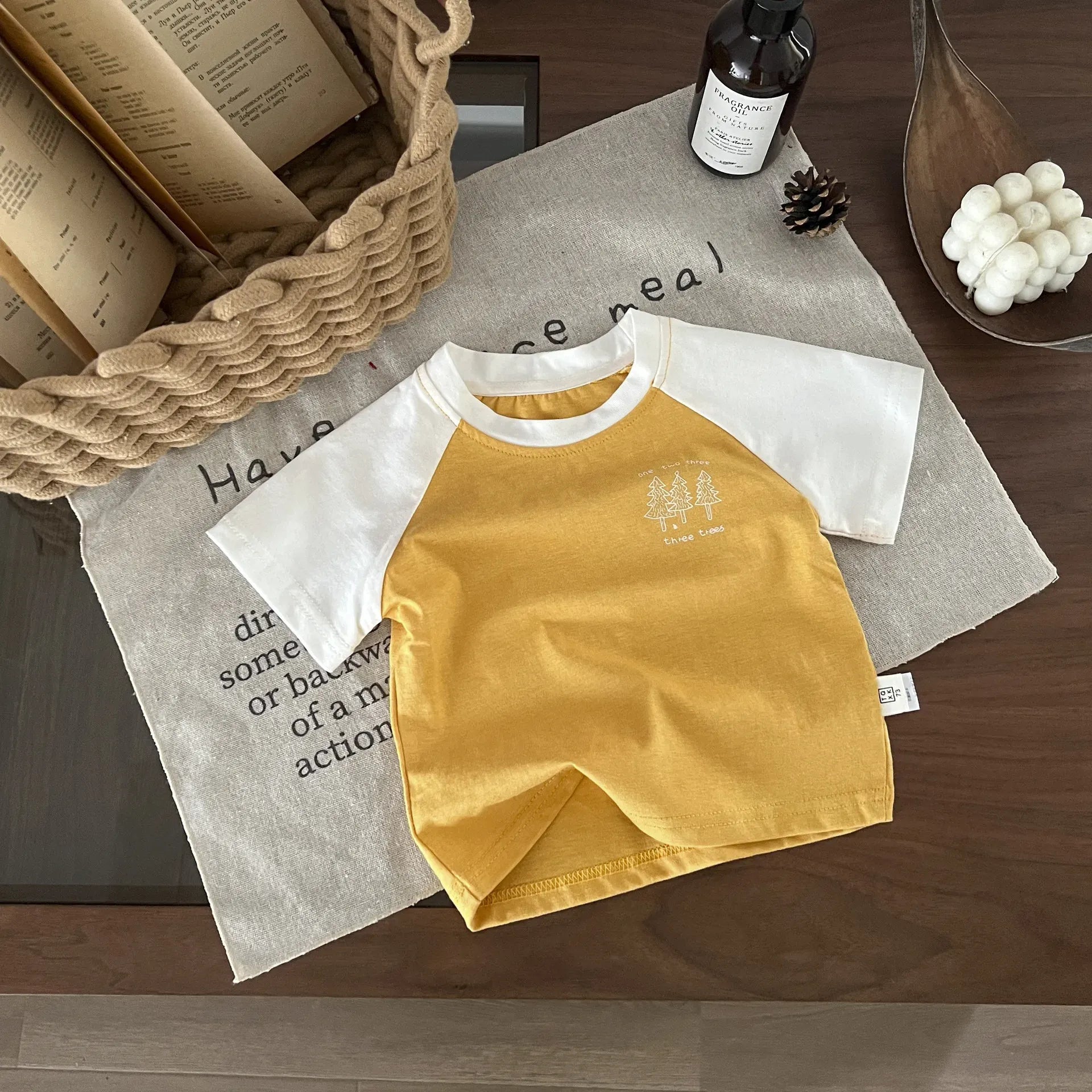 半袖Tシャツ Yellow / 12M  80CM ベビーキッズトップス 半袖Tシャツ ラグラン パッチワーク レトロ 3カラー【mh0006213】