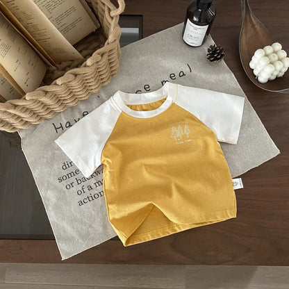 半袖Tシャツ Yellow / 12M  80CM ベビーキッズトップス 半袖Tシャツ ラグラン パッチワーク レトロ 3カラー【mh0006213】