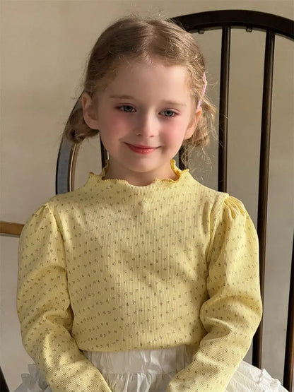 長袖Tシャツ yellow / 2T (90) キッズトップス フラワー小花柄ハイネック長袖パフスリーブカットソーTシャツ【mh-0008895】