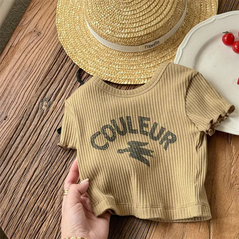 半袖Tシャツ yellow / 80cm キッズトップス 半袖リブTシャツ レターロゴプリント 3カラー