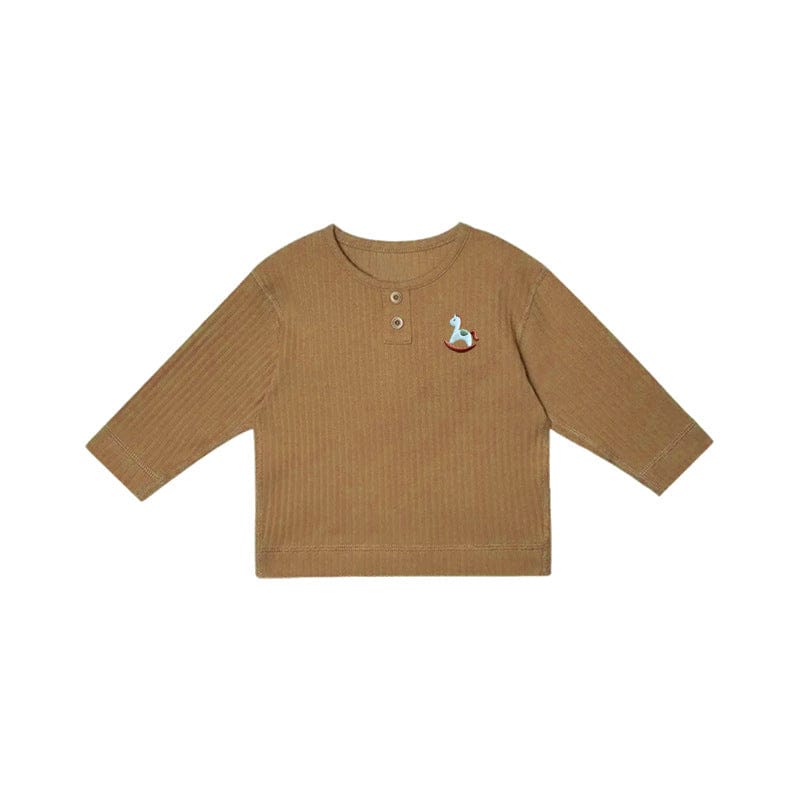 長袖Tシャツ Yellow Brown / 73cm 木馬ワンポイント刺繍長袖Tシャツ【mh0010738】