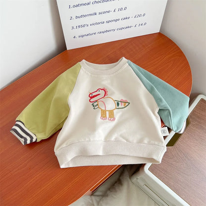 長袖Tシャツ yellow green / 66cm ベビートップス 長袖スウェットシャツ 恐竜ダイナソー刺繍 カラフルパッチワーク ボーイズ 男の子 子供服【mh0003412】