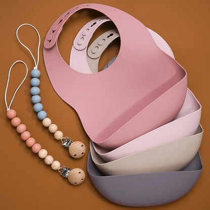 ベビーキッズ食器 ＊メーカー直送＊ ベビー 食事用シリコンセット 食品グレード 吸盤ボウル 防水ビブ 新生児用食器 3点セット【mh0005793】